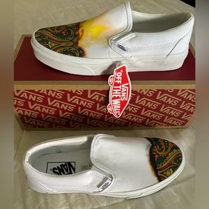 Vans White Slip on Sneakers Burn Up